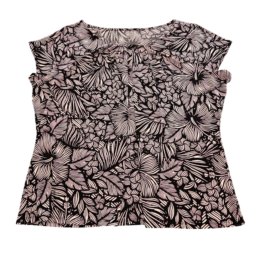 Worthington Woman 3X Pink Lavender Black Tropical Floral Cap Sleeve Blouse Top
